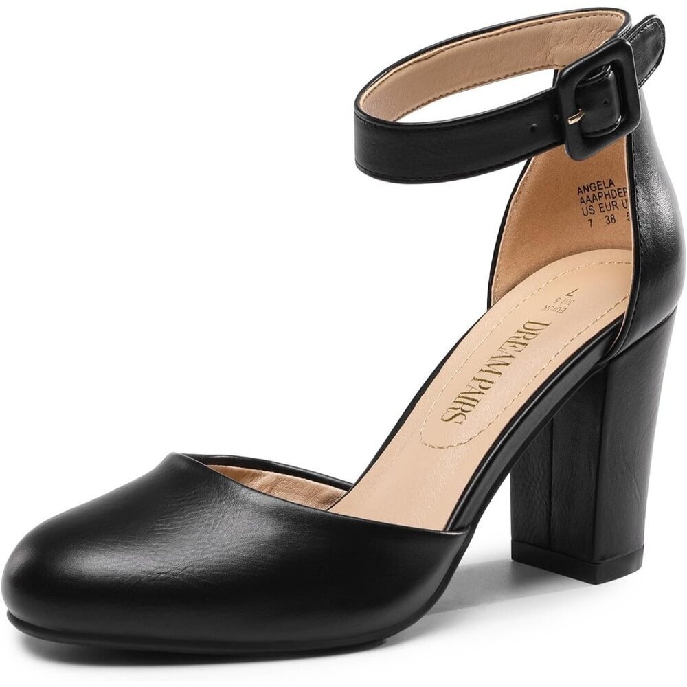 Dream Pairs Women Black-Pu Faux Suede Block High Heel Closed Toe Sandal